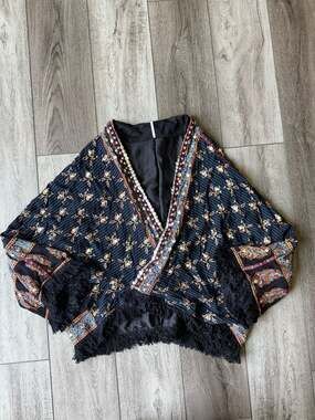 Free People Rays Of Light Fringe-Trim Sequin Kimono Jacket Midnight